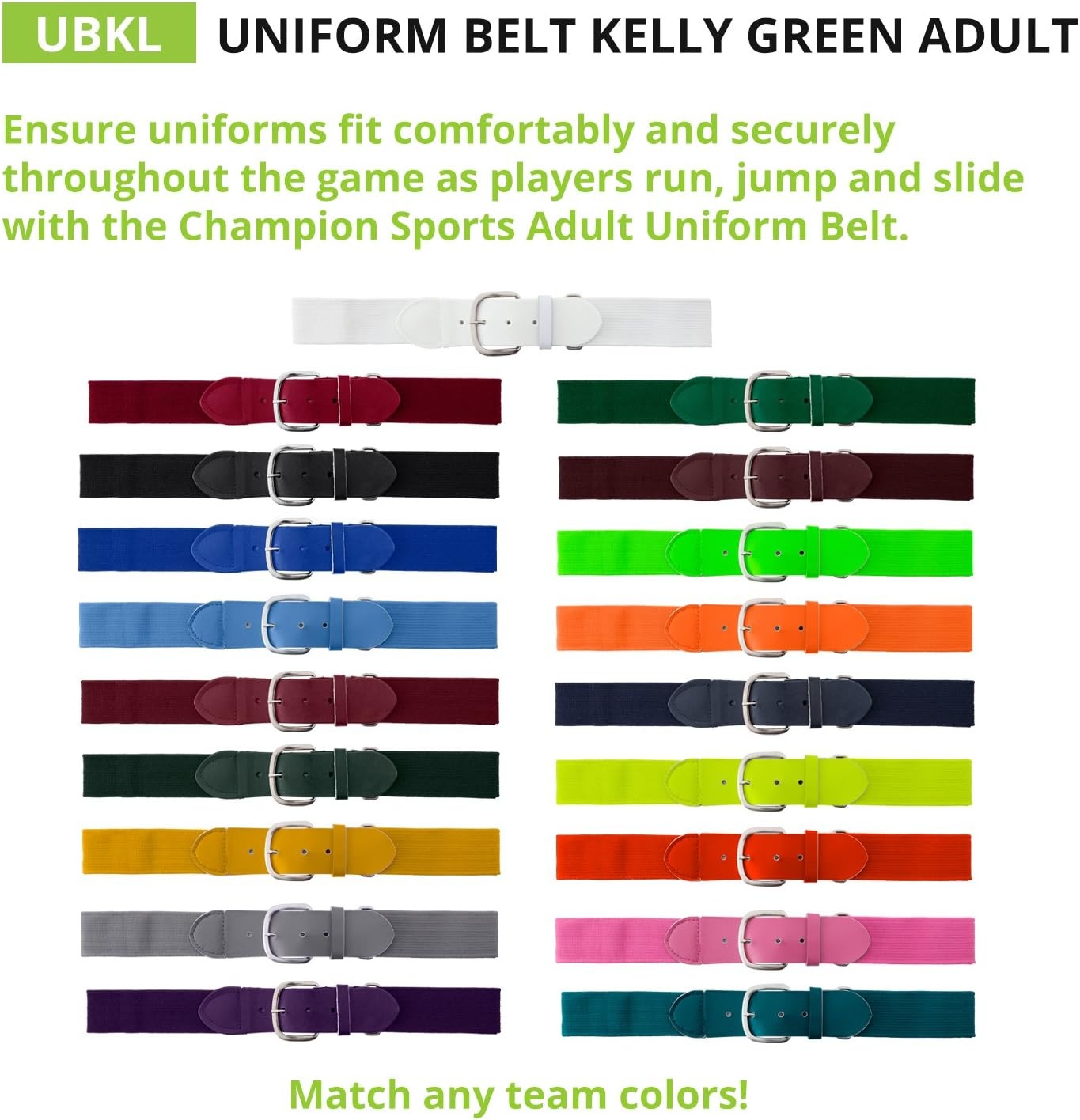 image:imageChampion Sports Baseball amp Softball Belt  Stretch Fit Uniform Belt for Youth amp Adult Players Multiple ColorsKelly Green