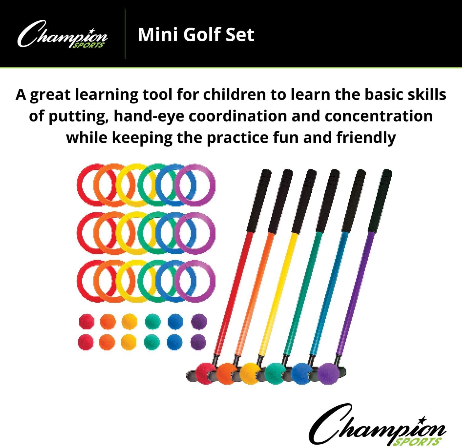 image:imageChampion Sports Mini Golf Clubs Multi Colored Putt Putt Miniature Golfing Set for Kids  6 Putters 18 Holes amp 18 Balls